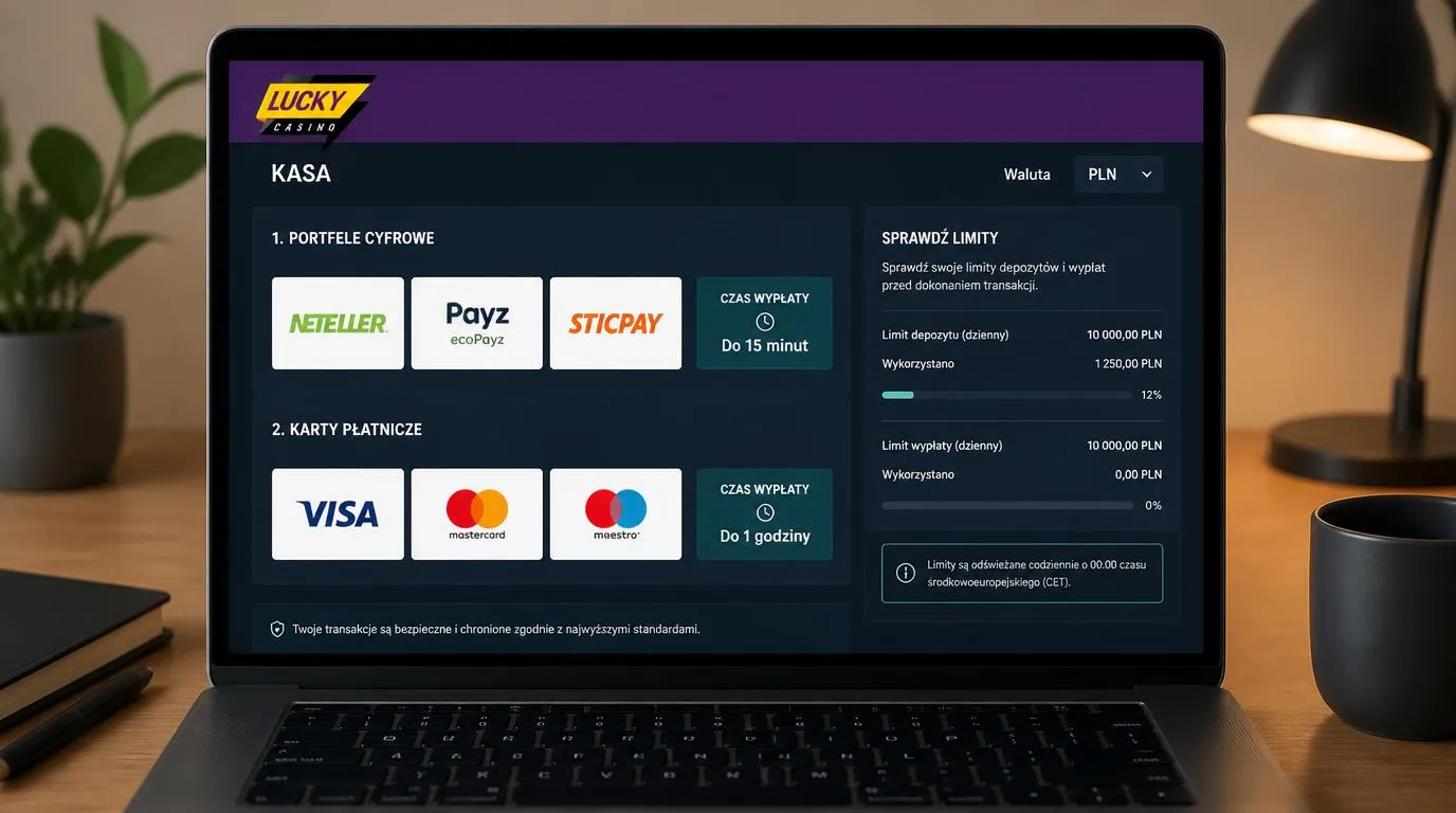 Ekran kasy z wyborem portfeli elektronicznych i kart oraz informacją o czasie wypłaty