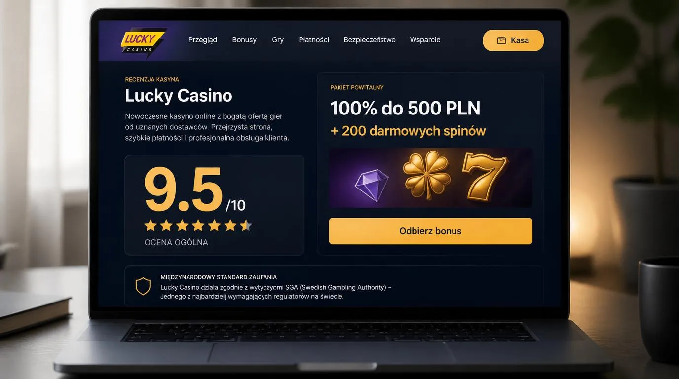 Ekran kasyna z oceną 9,5/10, ofertą powitalną i widocznym przyciskiem kasy