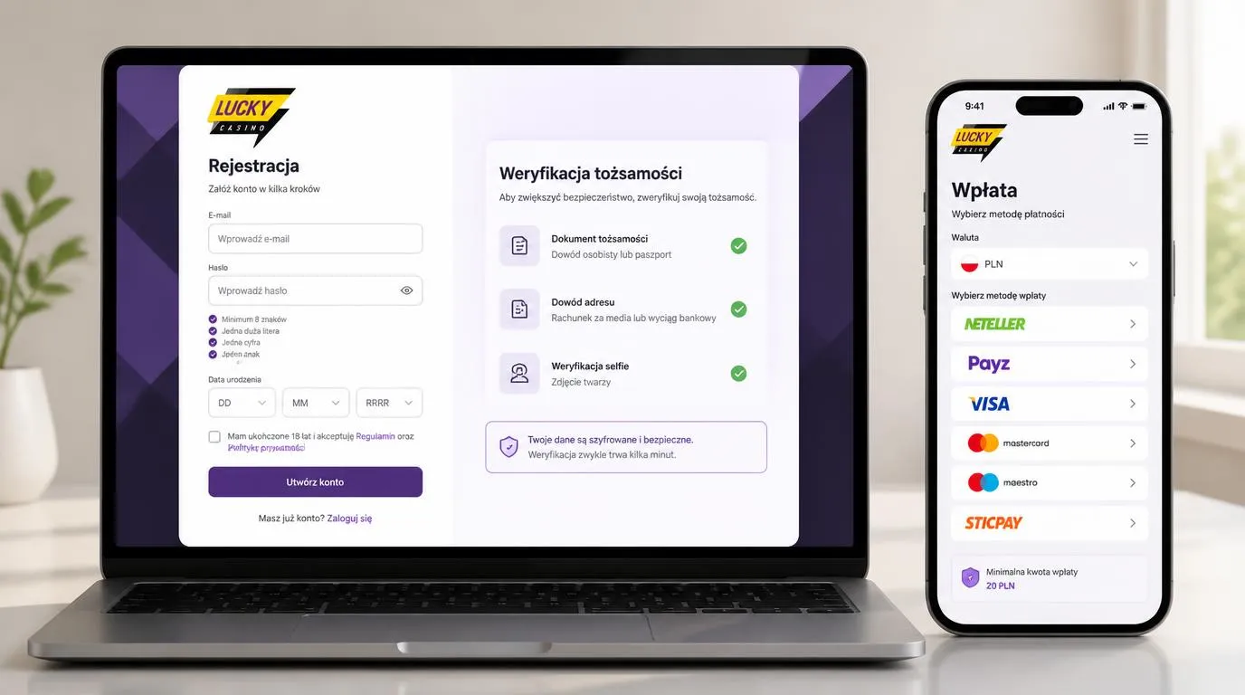 Formularz rejestracji i ekran wpłaty z wyborem waluty oraz metody płatności
