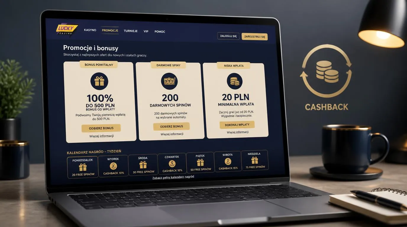 Ekran promocji kasyna z bonusem 100% do 500 PLN, 200 darmowymi spinami i minimalnym depozytem 20 PLN